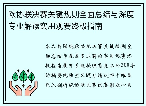欧协联决赛关键规则全面总结与深度专业解读实用观赛终极指南